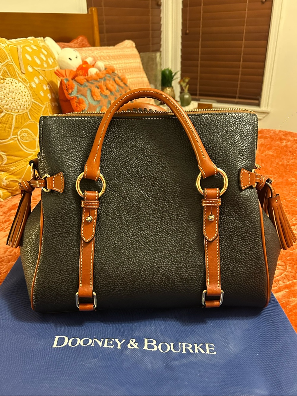 Dooney & Bourke Black Pebbled Leather Satchel with Brown Trim and Gold Hardware - Picture 2 of 16